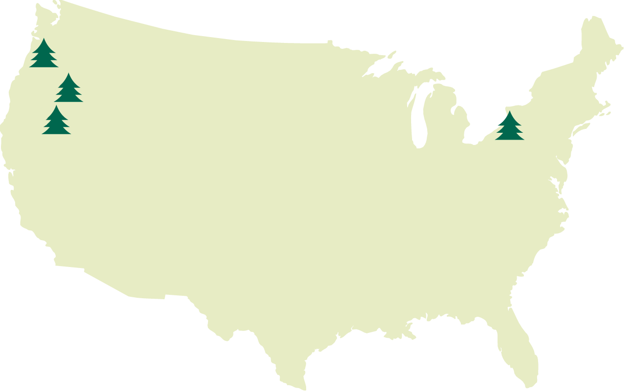 Map with trees marking facilities locations in Wilsonville, Oregon; Chester, California; Lakeview, Oregon; and Kane, Pennsylvania.
